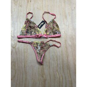 Mapale Floral Embroidered Bra & Thong Set NWTs Sz S Spring Hues Shear Sexy